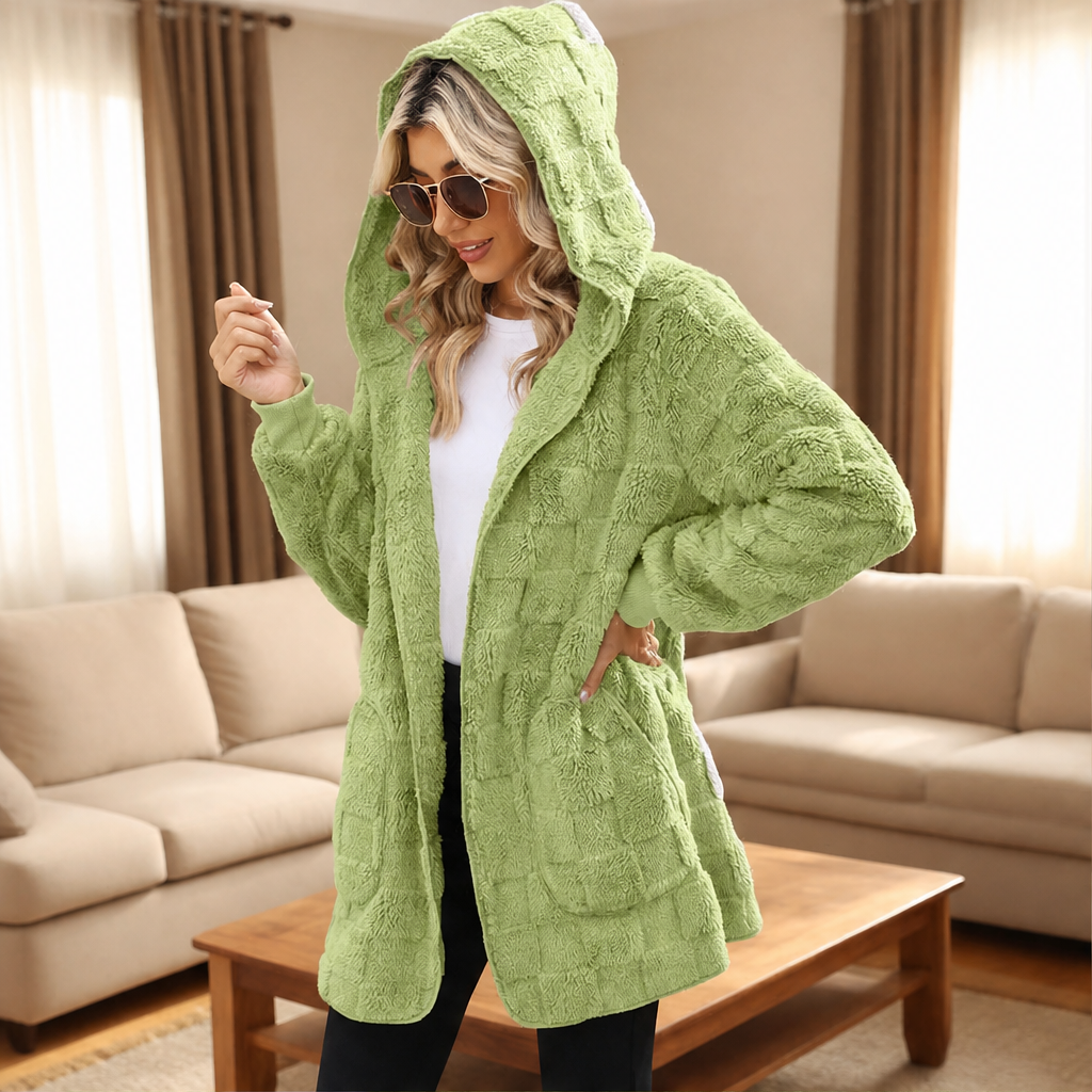 Morvenza – Cardigan Peloso a Quadri con Cappuccio lifestyle