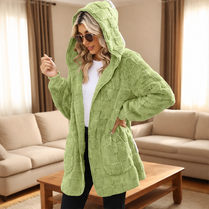 Morvenza – Cardigan Peloso a Quadri con Cappuccio lifestyle
