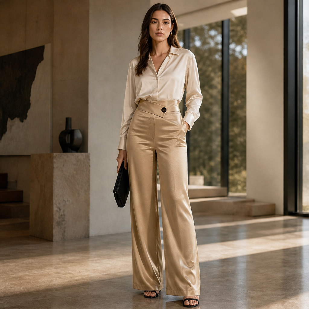 Velonia – Pantaloni in Raso Vita Asimmetrica Gamba Larga lifestyle