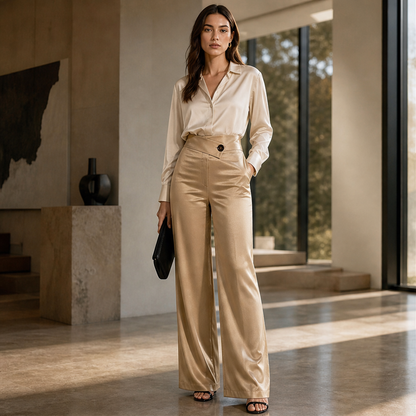 Velonia – Pantaloni in Raso Vita Asimmetrica Gamba Larga lifestyle