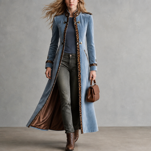 Velmara – Cappotto in Velluto con Bordo Leopardato lifestyle