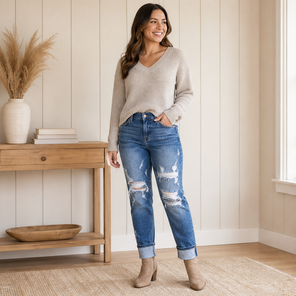 Venalu – Jeans Boyfriend Effetto Strappato con Polsino lifestyle
