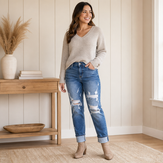 Venalu – Jeans Boyfriend Effetto Strappato con Polsino lifestyle