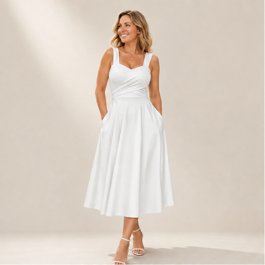 Abito Midi Bianco con Vita Incrociata | Abito da Donna A-Line Fit & Flare con Scollo a Cuore e Tasche