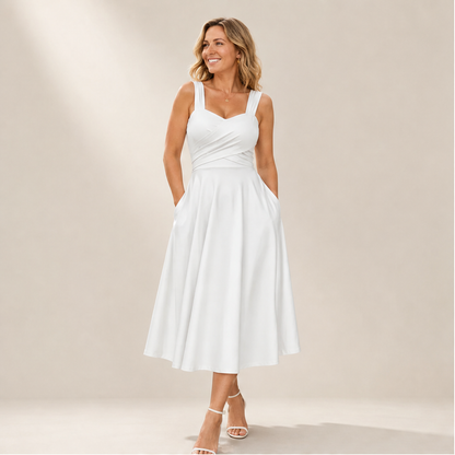 Abito Midi Bianco con Vita Incrociata | Abito da Donna A-Line Fit & Flare con Scollo a Cuore e Tasche