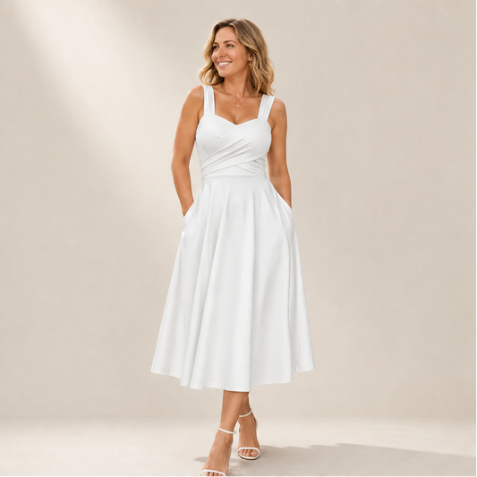 Abito Midi Bianco con Vita Incrociata | Abito da Donna A-Line Fit & Flare con Scollo a Cuore e Tasche
