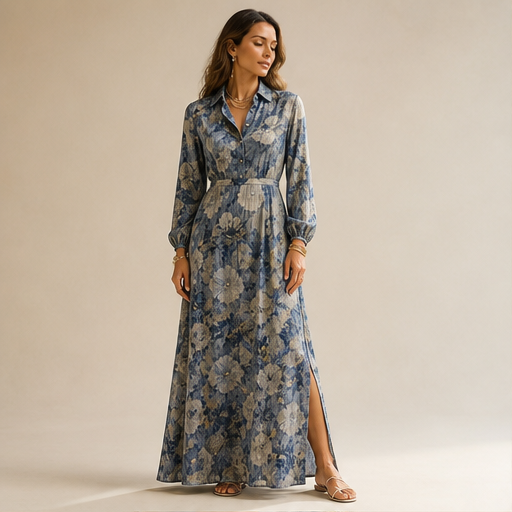 Abito Maxi Floreale Stile Pittura | Vestito Lungo Vintage con Colletto - Taglio Dritto e Spacco Laterale lifestyle