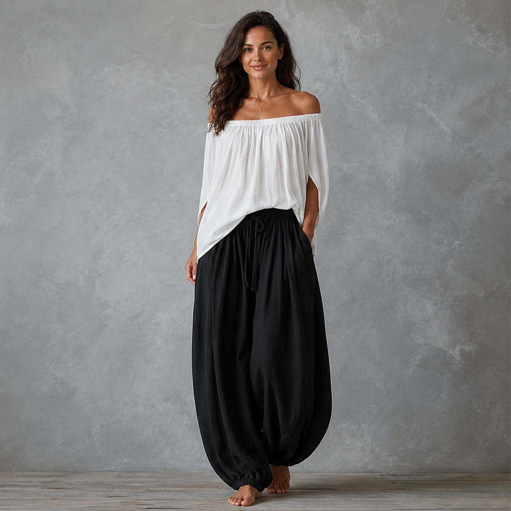 Velmara – Completo Top Spalle Scoperte e Pantaloni Lanterna lifestyle