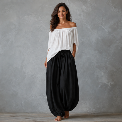 Velmara – Completo Top Spalle Scoperte e Pantaloni Lanterna lifestyle