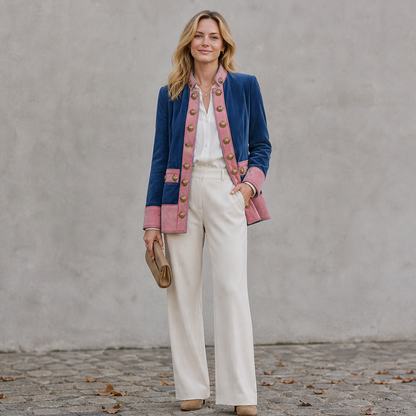 Varonne – Giacca Militare in Suede con Bordo Rosa lifestyle