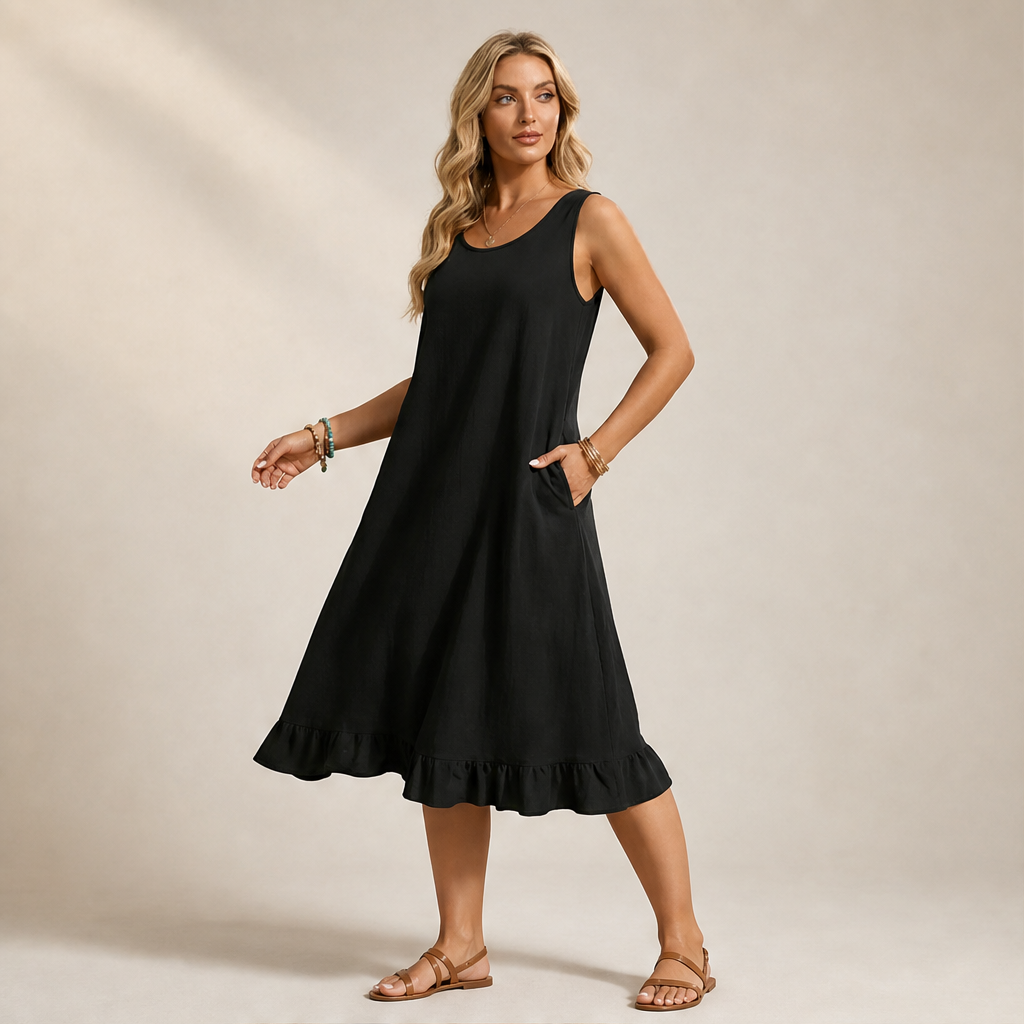 Marielle Abito Midi Donna Senza Maniche con Orlo a Volant e Doppie Tasche Frontali - Abito Estivo Casual in Misto Cotone lifestyle