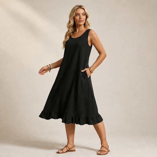 Marielle Abito Midi Donna Senza Maniche con Orlo a Volant e Doppie Tasche Frontali - Abito Estivo Casual in Misto Cotone lifestyle