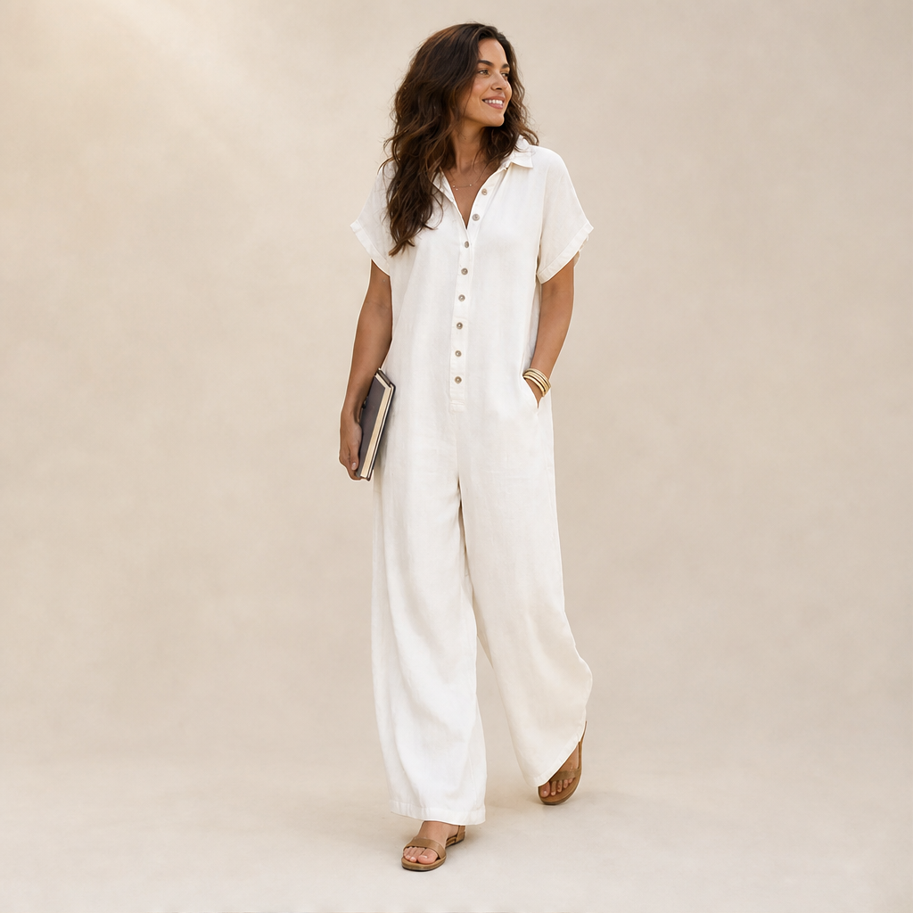 Marielle Tuta Donna Casual a Gamba Larga con Bottoni Effetto Lino - Tuta Ampia con Colletto e Maniche Corte lifestyle