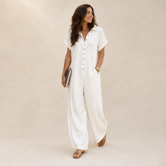 Marielle Tuta Donna Casual a Gamba Larga con Bottoni Effetto Lino - Tuta Ampia con Colletto e Maniche Corte lifestyle