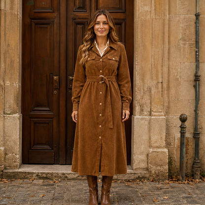 Corvelle – Abito Camicia Midi in Velluto a Coste con Cintura lifestyle