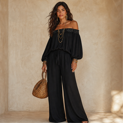 Marisol Women's Off-The-Shoulder Sequined Two-Piece Set - Wide Leg Drawstring Trousers Co-ord lifestyle