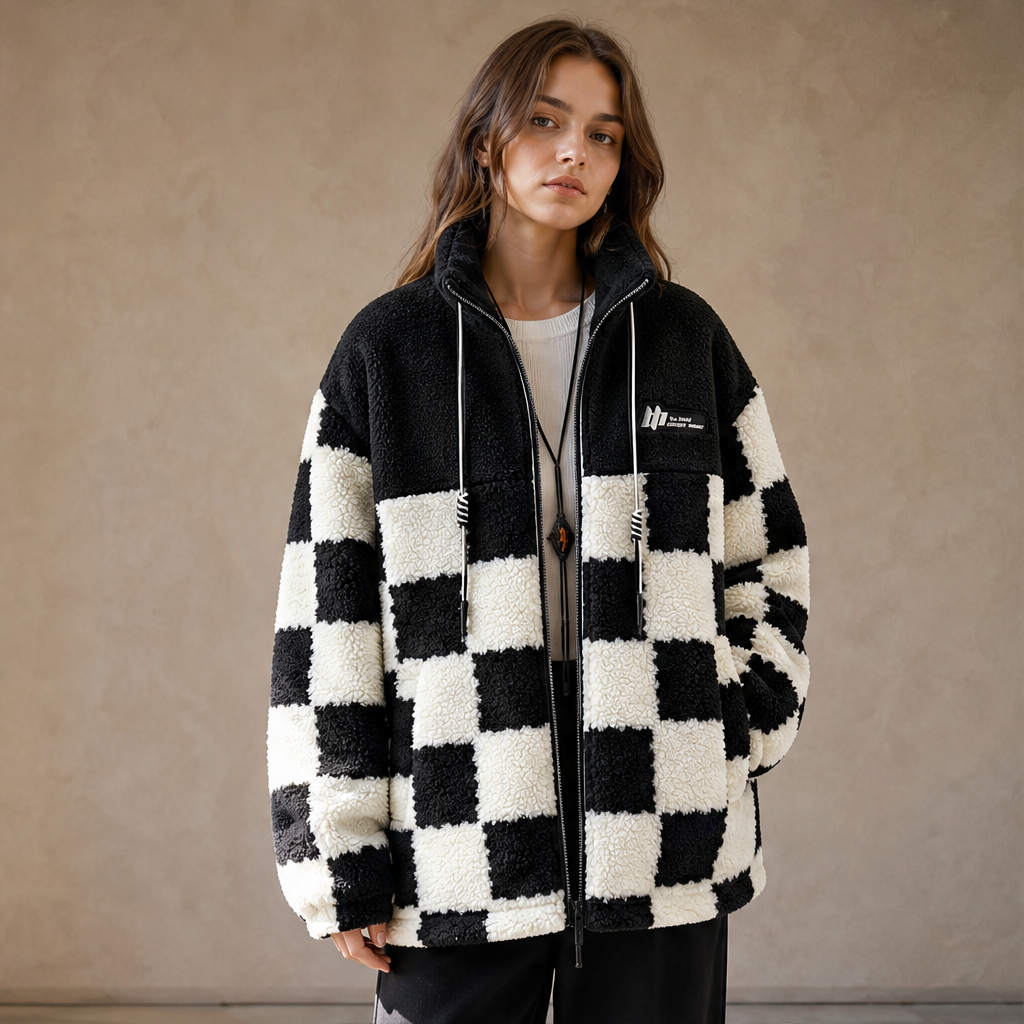 Melany – Giacca in Pile a Quadri con Cappuccio lifestyle