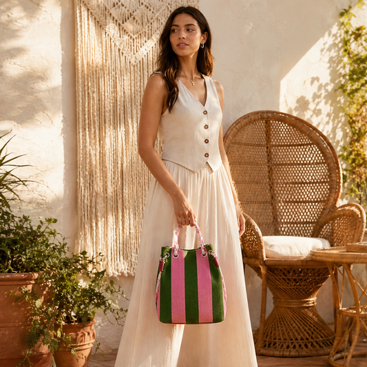 Marisola – Borsa Secchiello a Righe in Maglia Intrecciata lifestyle