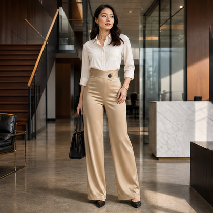 Varonia – Pantaloni Larghi in Raso Vita Asimmetrica lifestyle
