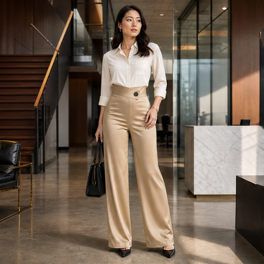 Varonia – Pantaloni Larghi in Raso Vita Asimmetrica lifestyle