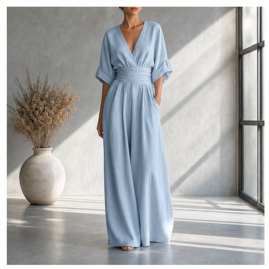 Tuta Nera Scollo a V | Jumpsuit Elegante Vita Alta Gamba Larga - Cintura in Vita da Donna lifestyle