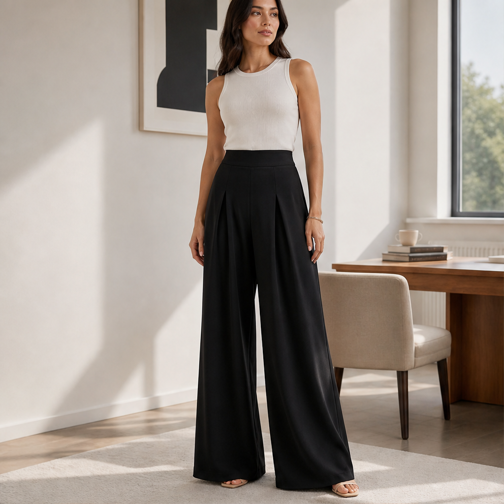 Velarosa – Pantaloni a Vita Alta Gamba Larga Plissettati lifestyle