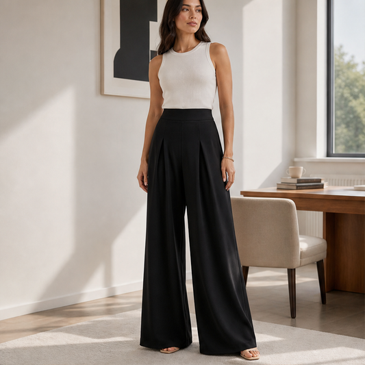 Velarosa – Pantaloni a Vita Alta Gamba Larga Plissettati lifestyle