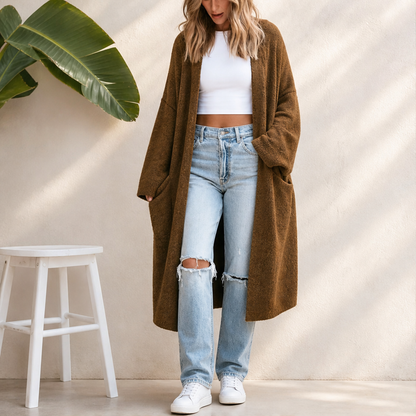 Velmora – Cardigan Oversize Lungo in Maglia Aperto lifestyle