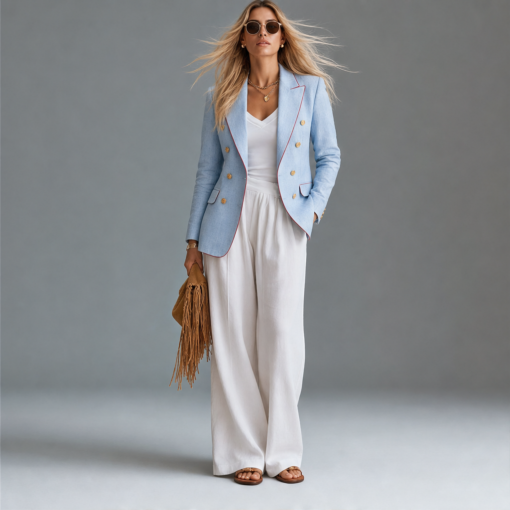Blazer Azzurro Cielo in Misto Lino | Doppiopetto Vintage - Elegante Donna con Bottoni Dorati lifestyle