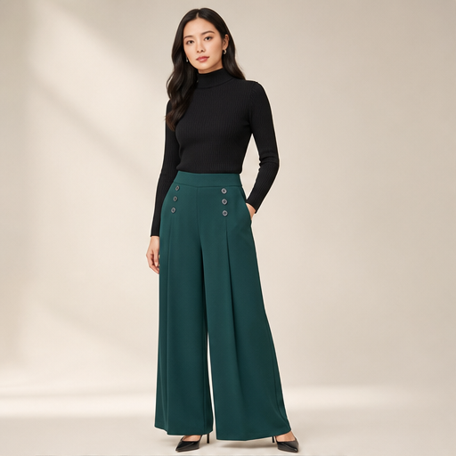 Pantaloni Ampi a Vita Alta | Pantaloni Palazzo Fluidi con Pieghe - Gamba Larga Elegante lifestyle