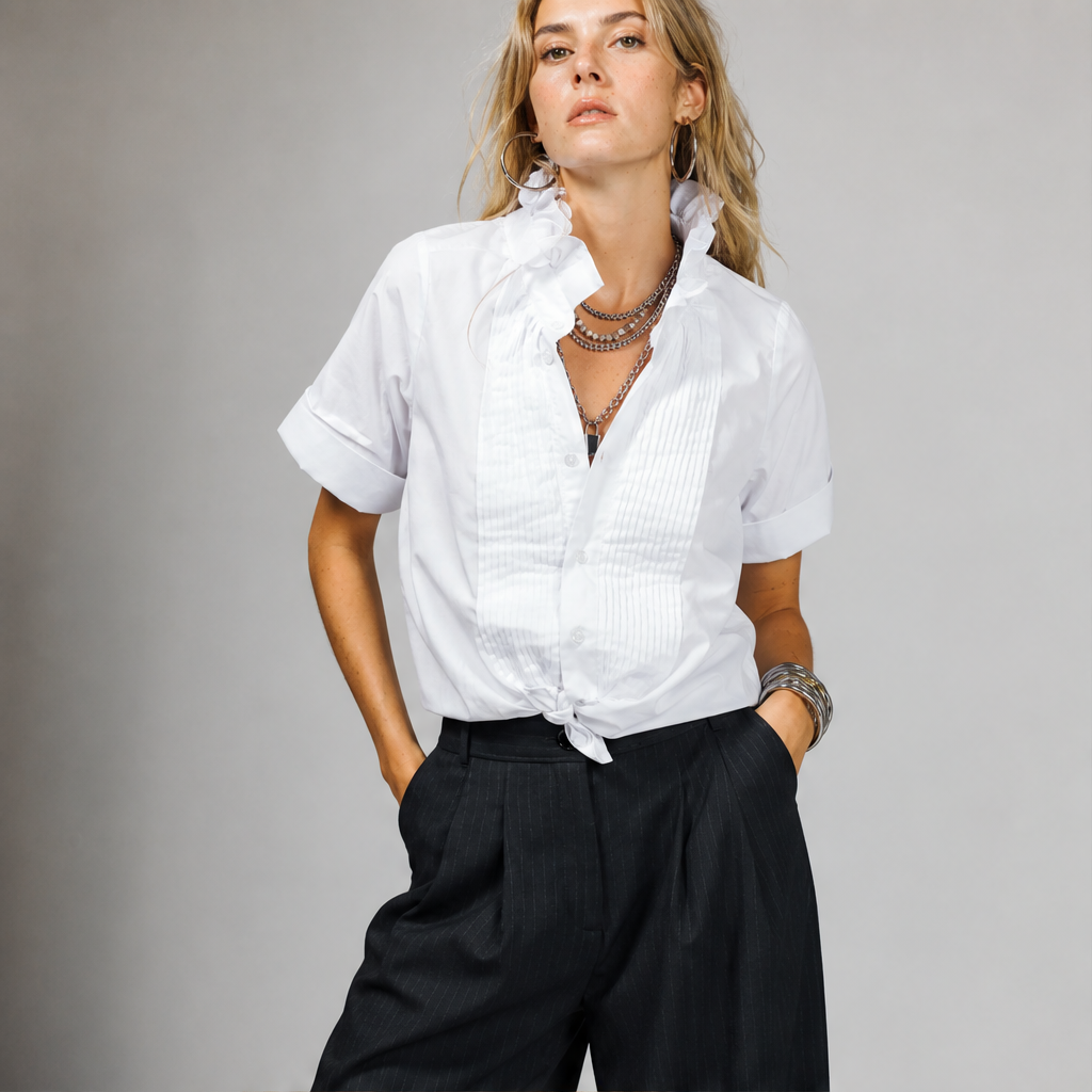 Veraline – Camicia Smoking con Fiocco e Colletto Arricciato lifestyle