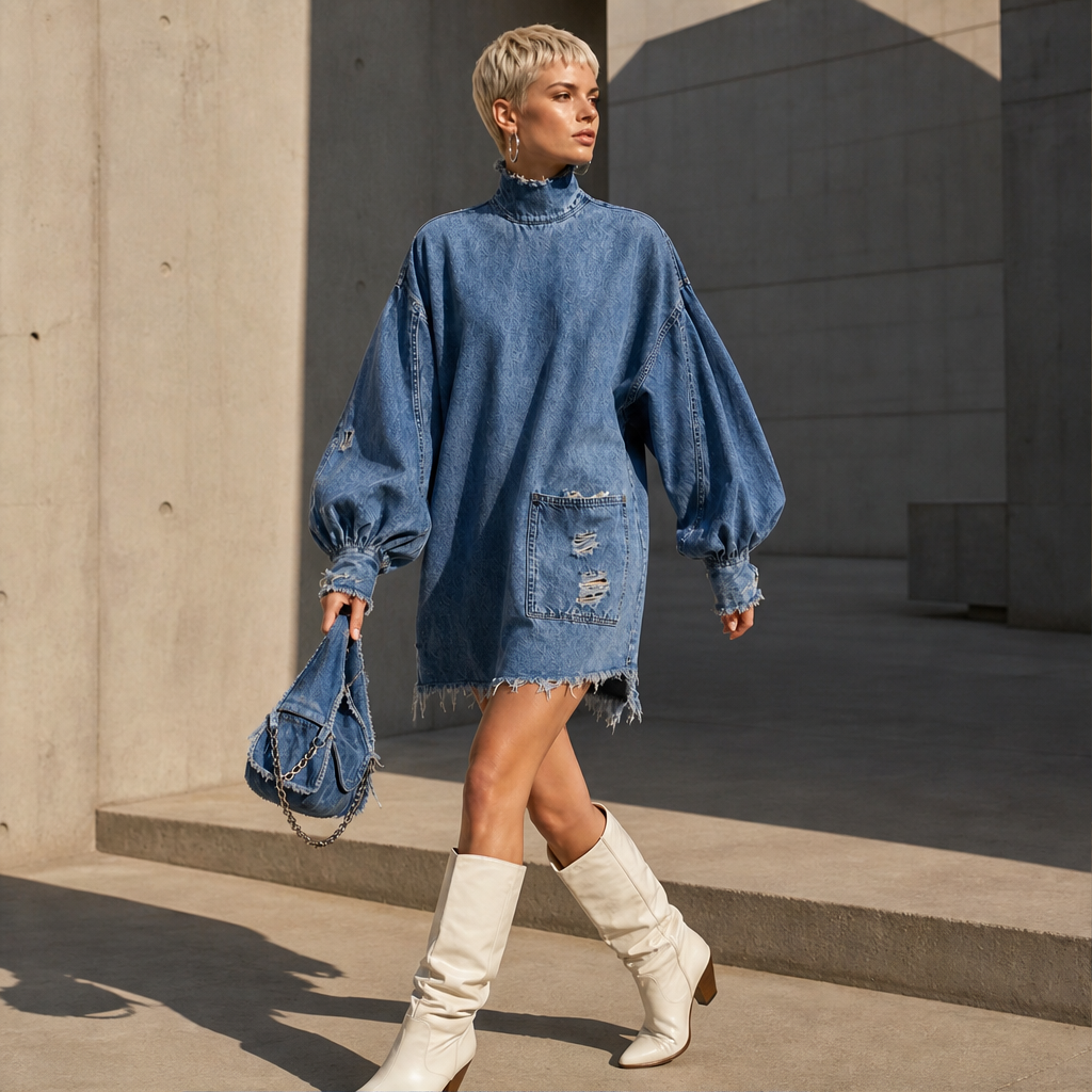 Varonne – Minivestito Oversize in Denim Collo Alto lifestyle