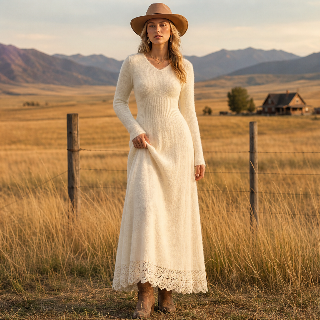 Velmora – Abito Maxi in Maglia con Pizzo lifestyle