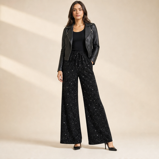 Pantaloni Larghi Glitter Neri | Palazzo Scintillante Elegante - Vita Elastica con Coulisse lifestyle