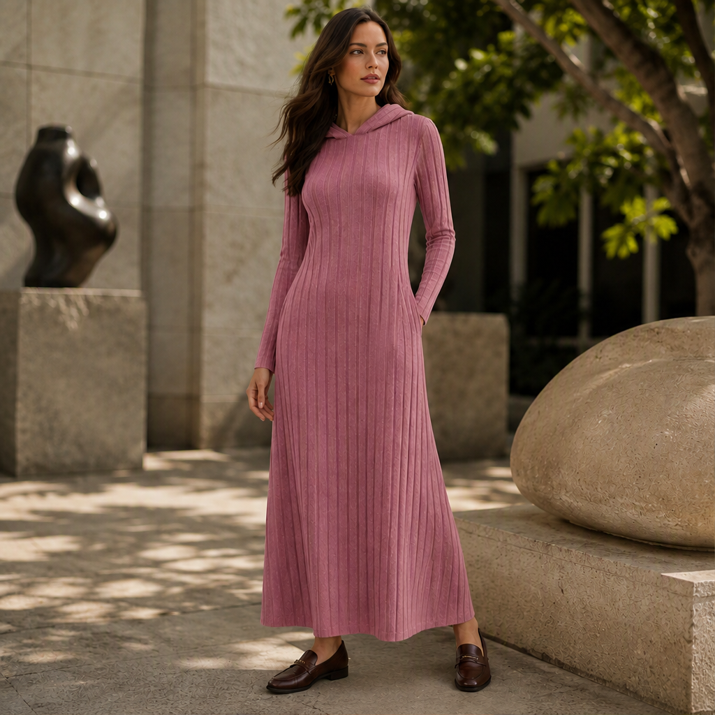 Velorena – Abito Maxi in Maglia a Coste con Cappuccio lifestyle