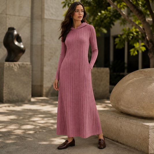 Velorena – Abito Maxi in Maglia a Coste con Cappuccio lifestyle