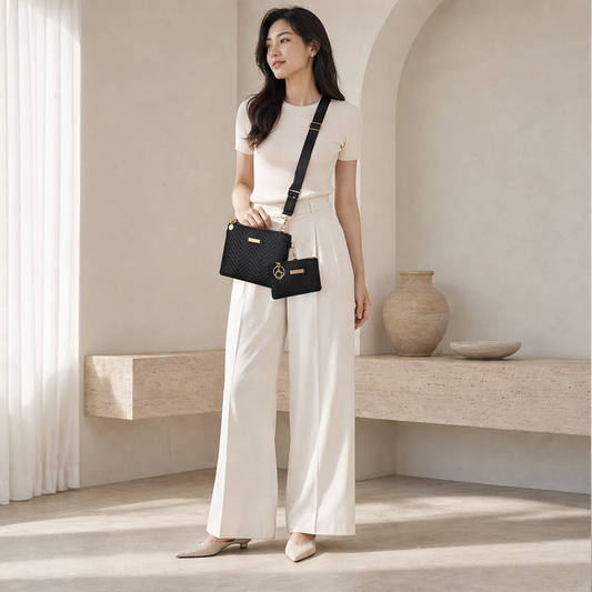 Borsa a Tracolla Nera Set 2 Pezzi | Motivo Ondulato e Design Compatto - Pochette Inclusa lifestyle