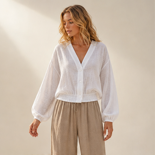 Camicia Bianca Protezione Solare | Giacca Leggera Trasparente Donna - Scollo a V con Maniche a Lanterna lifestyle