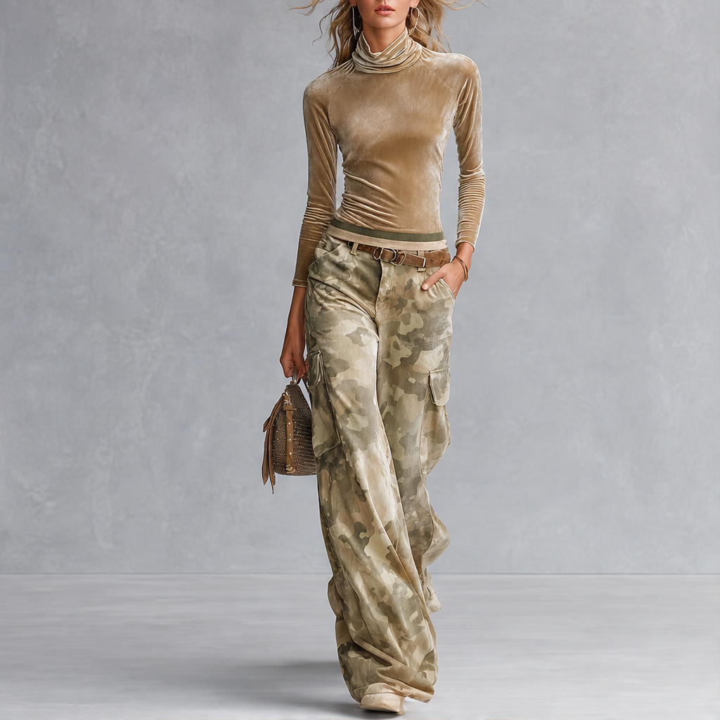 Velmara – Top Vellutato e Pantaloni Cargo Camouflage lifestyle