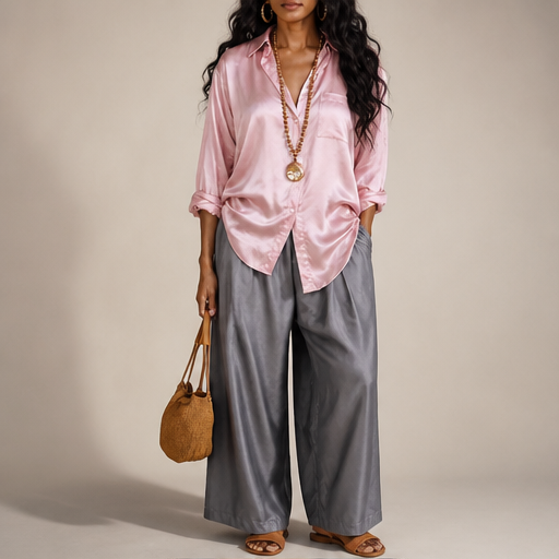 Completo Camicia Oversize in Raso Rosa | Set Due Pezzi con Pantaloni Grigi a Vita Alta Gamba Larga lifestyle
