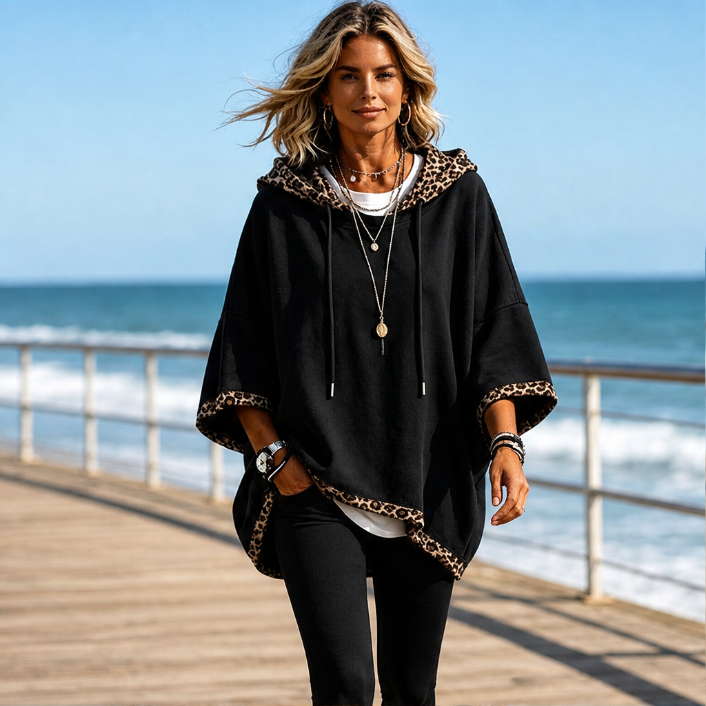 Felinora – Felpa Poncho con Bordo Leopardato lifestyle
