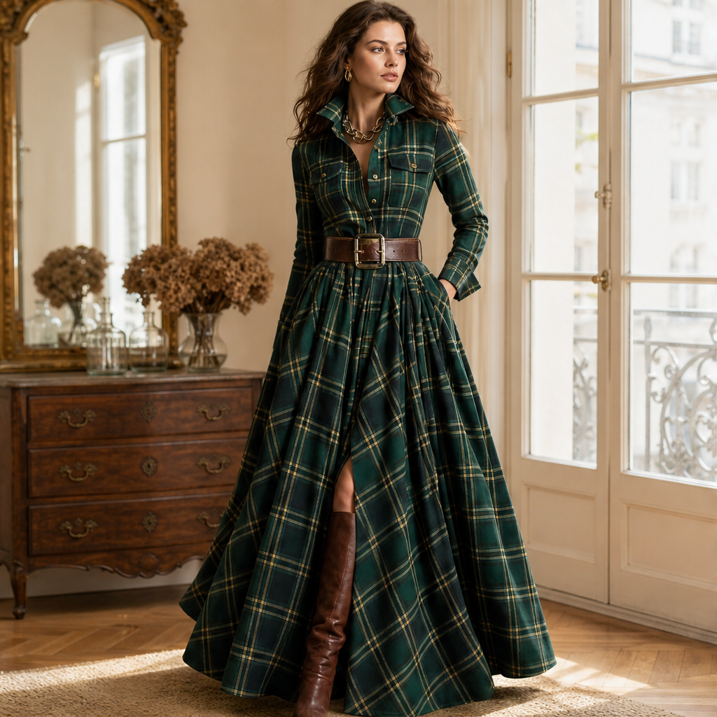 Chavelle – Abito Scozzese Plissé con Cintura in Pelle lifestyle