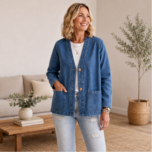 Cardigan in Denim Donna | Giacca Casual Senza Collo con Bottoni - Taglie Comode S-5XL lifestyle