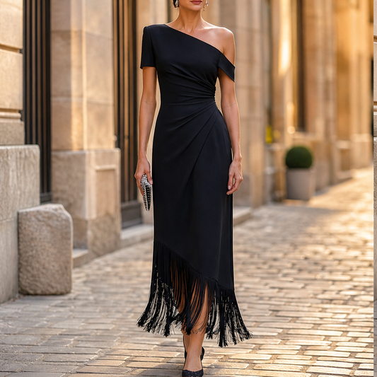 Velmira – Abito Midi Monospalla con Frange lifestyle