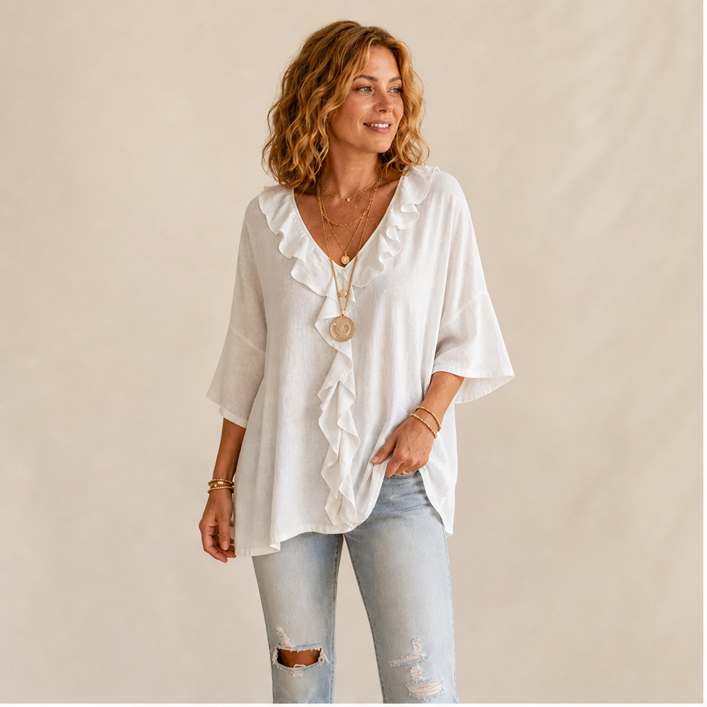 Blusa Bianca con Scollo a V e Volant | Elegante Top Effetto Lino da Donna con Maniche Svasate