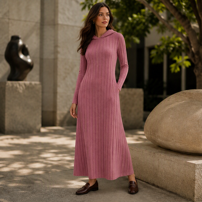 Velmora – Abito Maxi in Maglia a Coste con Cappuccio lifestyle