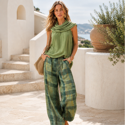 Voliara – Completo Top Smanicato e Pantaloni a Quadri lifestyle