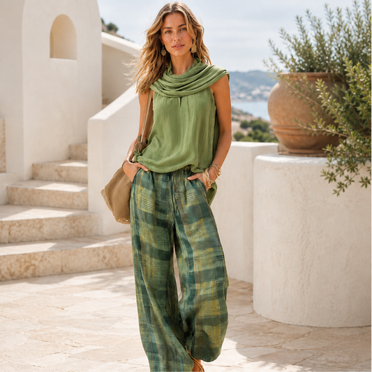 Voliara – Completo Top Smanicato e Pantaloni a Quadri lifestyle