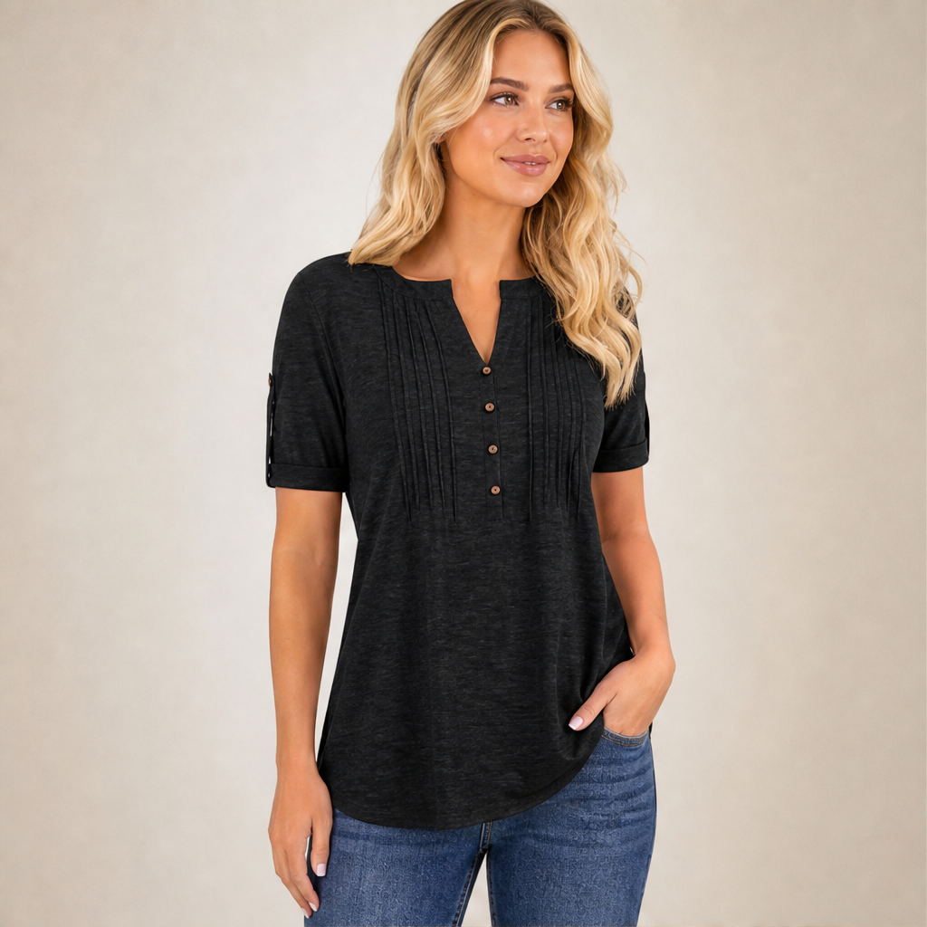 Venalira – Blusa Scollo V Plissettata con Bottoni lifestyle