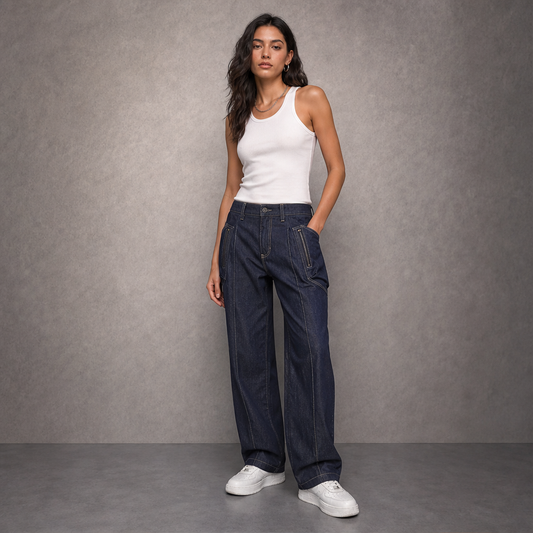 Varenzo – Pantaloni Cargo Effetto Denim con Zip lifestyle